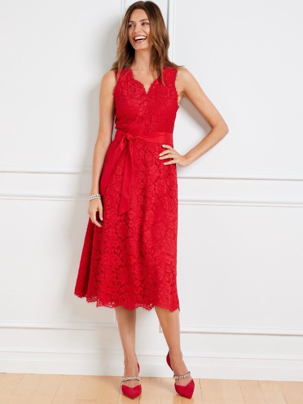 TALBOTS Red Floral Lace, Sleeveless Fit, And Flare Dress 12 Lined Sweetheart Bow
